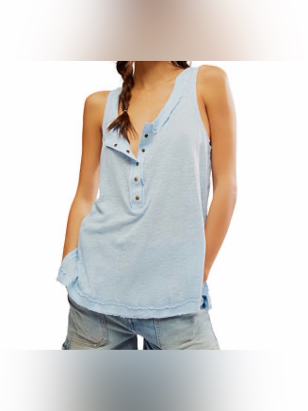 We The Free Love Language Pale Blue Henley Tank with Button Placket